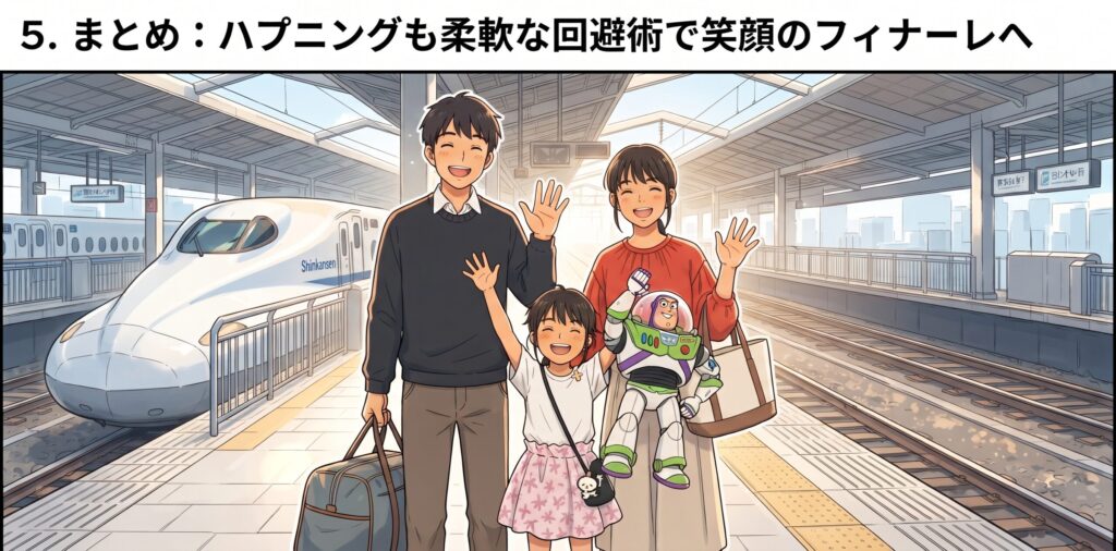 新幹線のホームで巨大なバズを持ちながら、楽しかった大阪旅行のフィナーレに笑顔で手を振る家族のイラスト