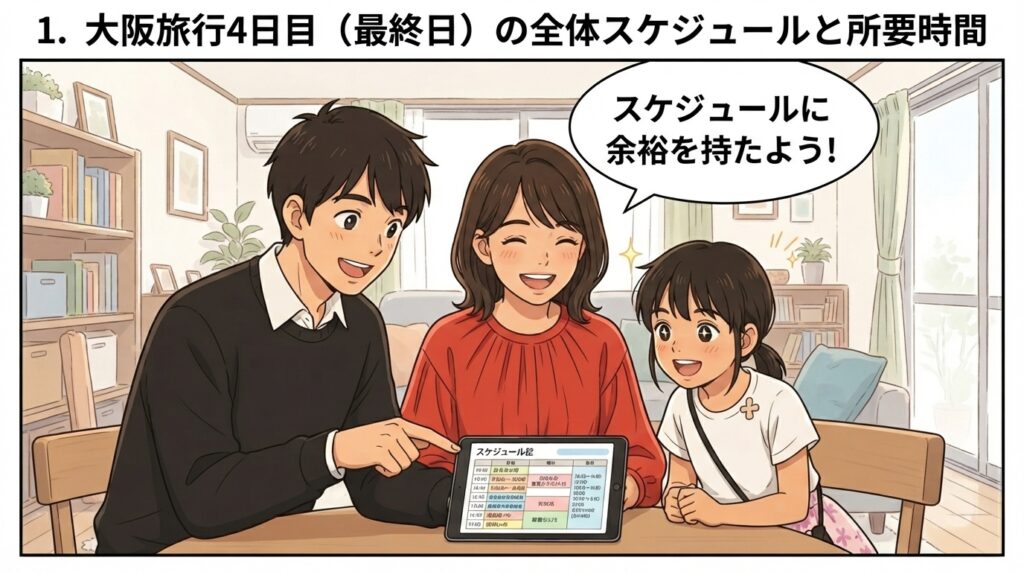スケジュール表を確認しながら、次の予定について話し合うお父さん、お母さん、女の子の家族イラスト