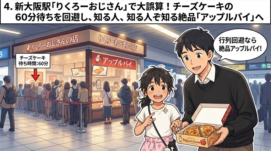 新大阪駅のりくろーおじさんで、チーズケーキの60分待ち行列を避け、すぐに買える絶品アップルパイを選んだお父さんと娘